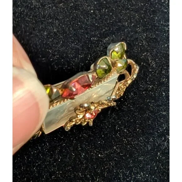 Vintage Pink Green Rhinestone Brooch Pendant Filigree Flower Mother of Pearl - Picture 10 of 14
